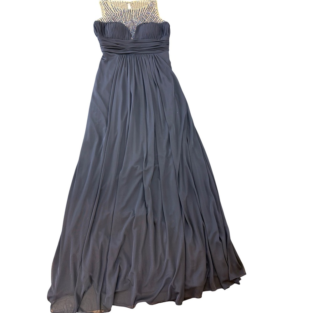 Cachet Navy Beaded Illusion Neckline Chiffon Gown Size 4 Formal Evening Dress